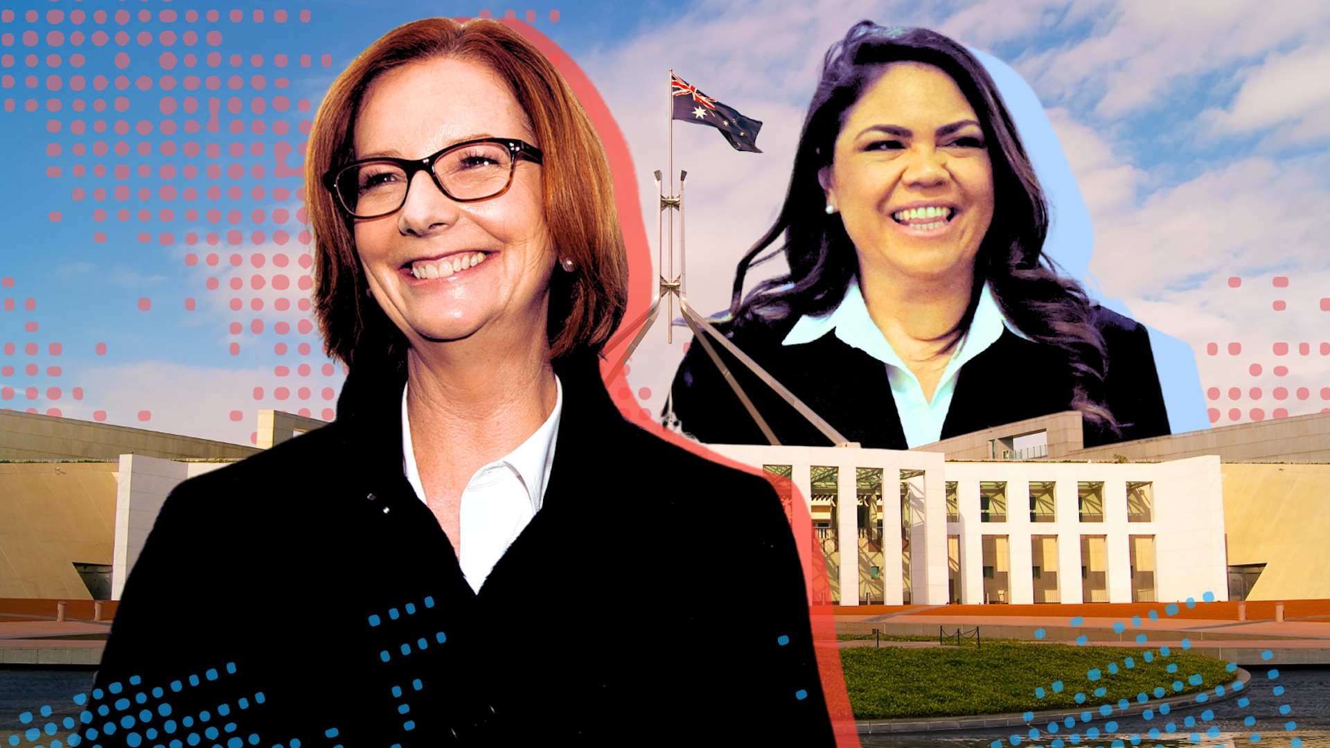 Collage style image with cut out photos of Julia Gillard and Jancinta Price on top of Australian Parliament house