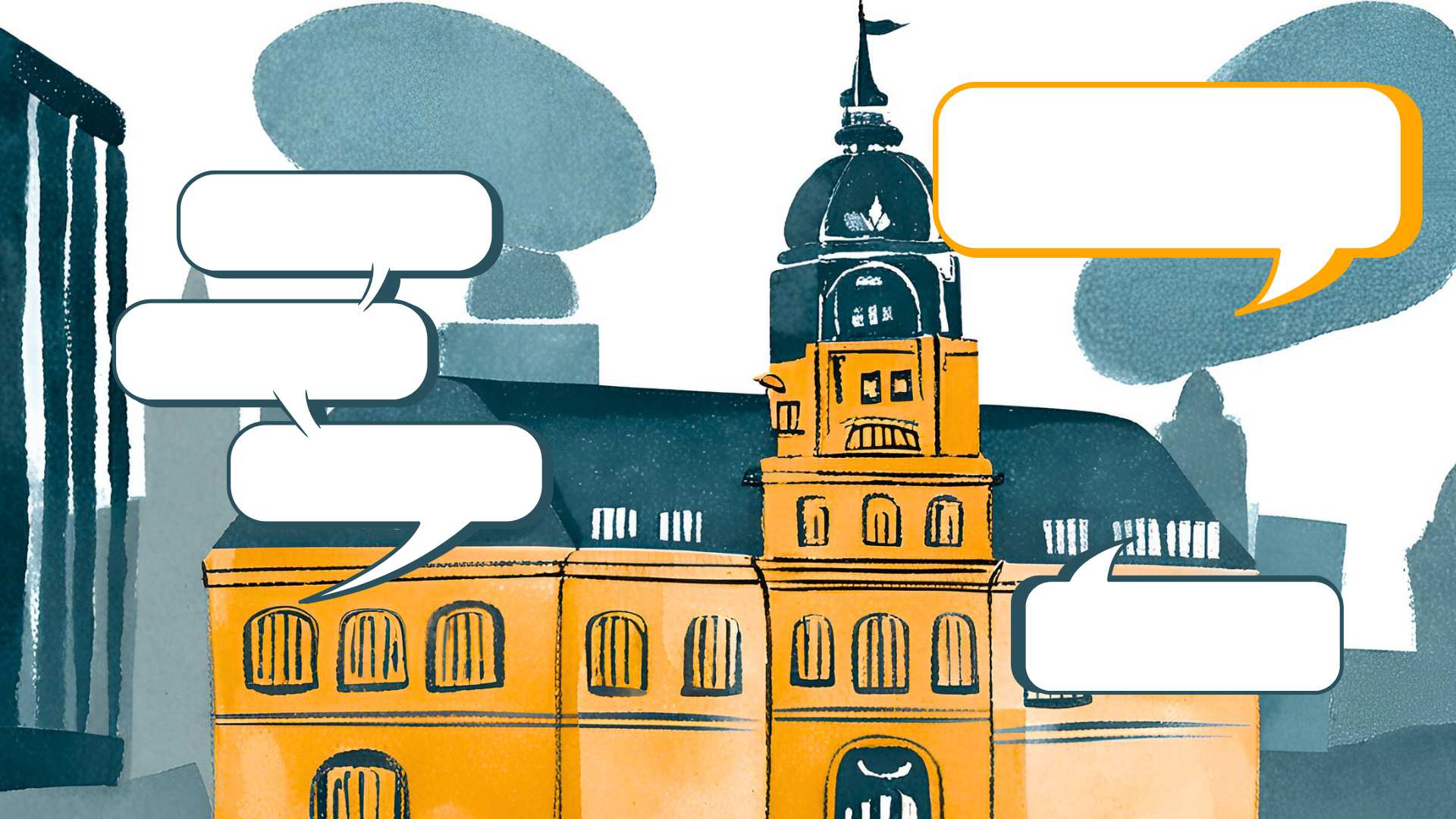 Watercolour illustration of a city town hall, blank speech bubbles surrounding it