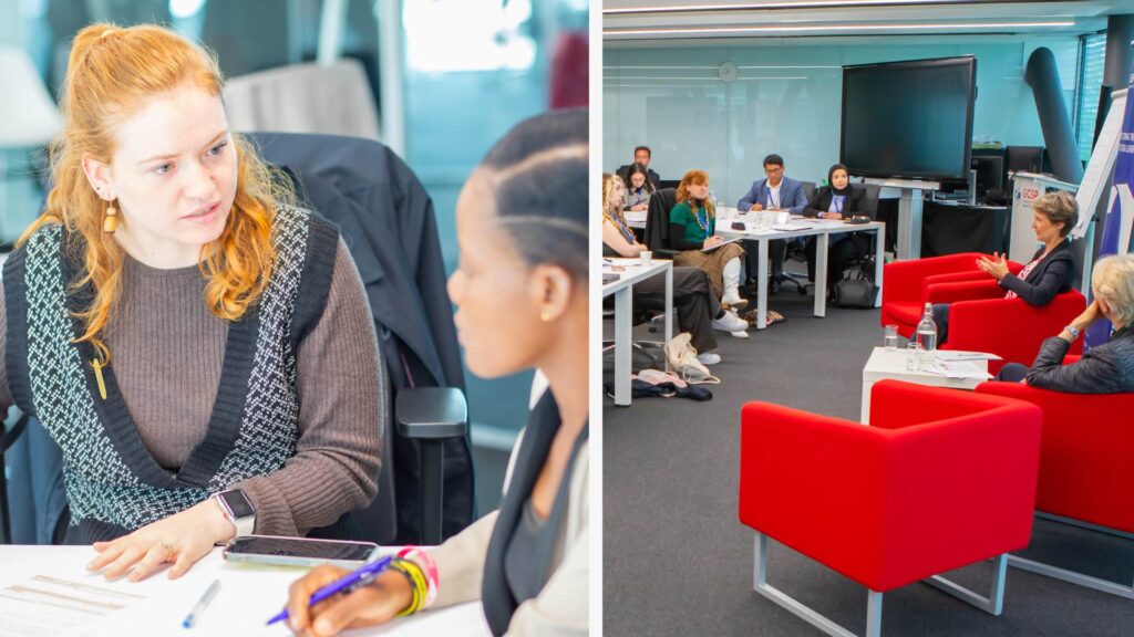 Two photos: a close of of Neane Carter speaking to a woman, papers and pens in front of them; a classroom with a group of diverse young people sitting in a semicircle, listening to two women speaking from red armchairs.