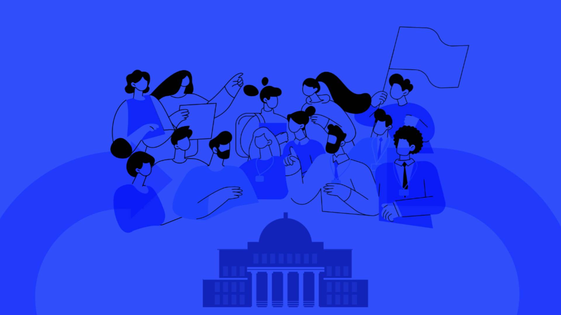 Illustration against bright blue background of a group of diverse people and a large government building