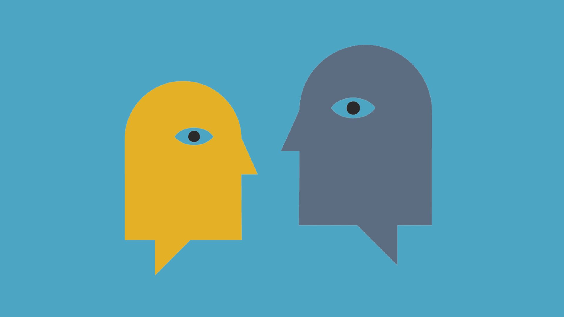 Illustration of two heads shaped like speech bubbles against a bright blue background