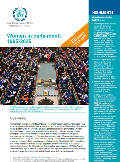 Image of the Women in Parliament 1995-2025 report, showing a photo of a European parliament, the subtitle "Overview" and report text underneath