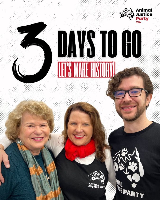 Photo of a white woman with red scarf (Amanda Dorn) with a young man and older women. Text above reads "3 days to go"