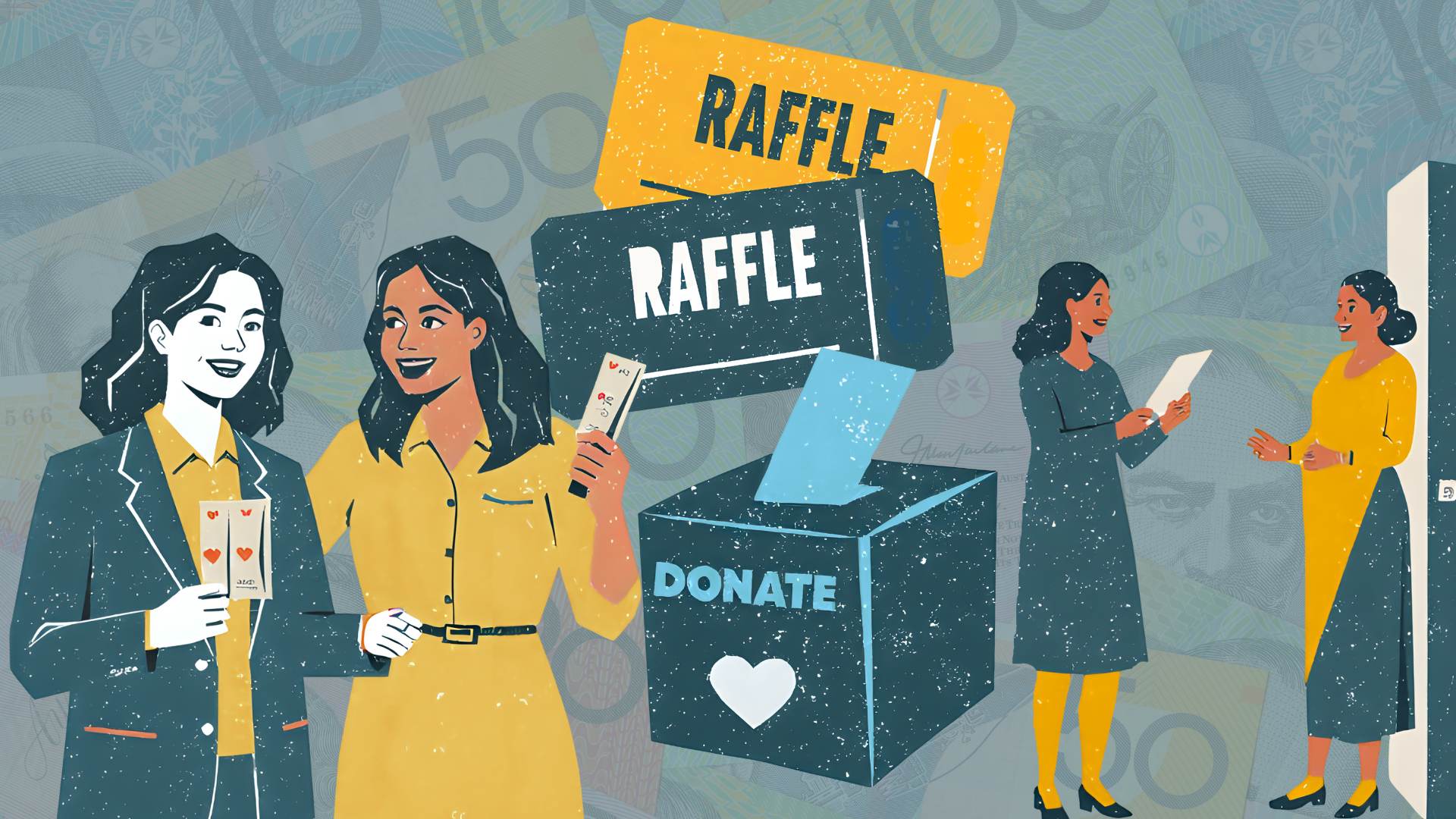 illustration of raffle tickets, a donation box and diverse women talking