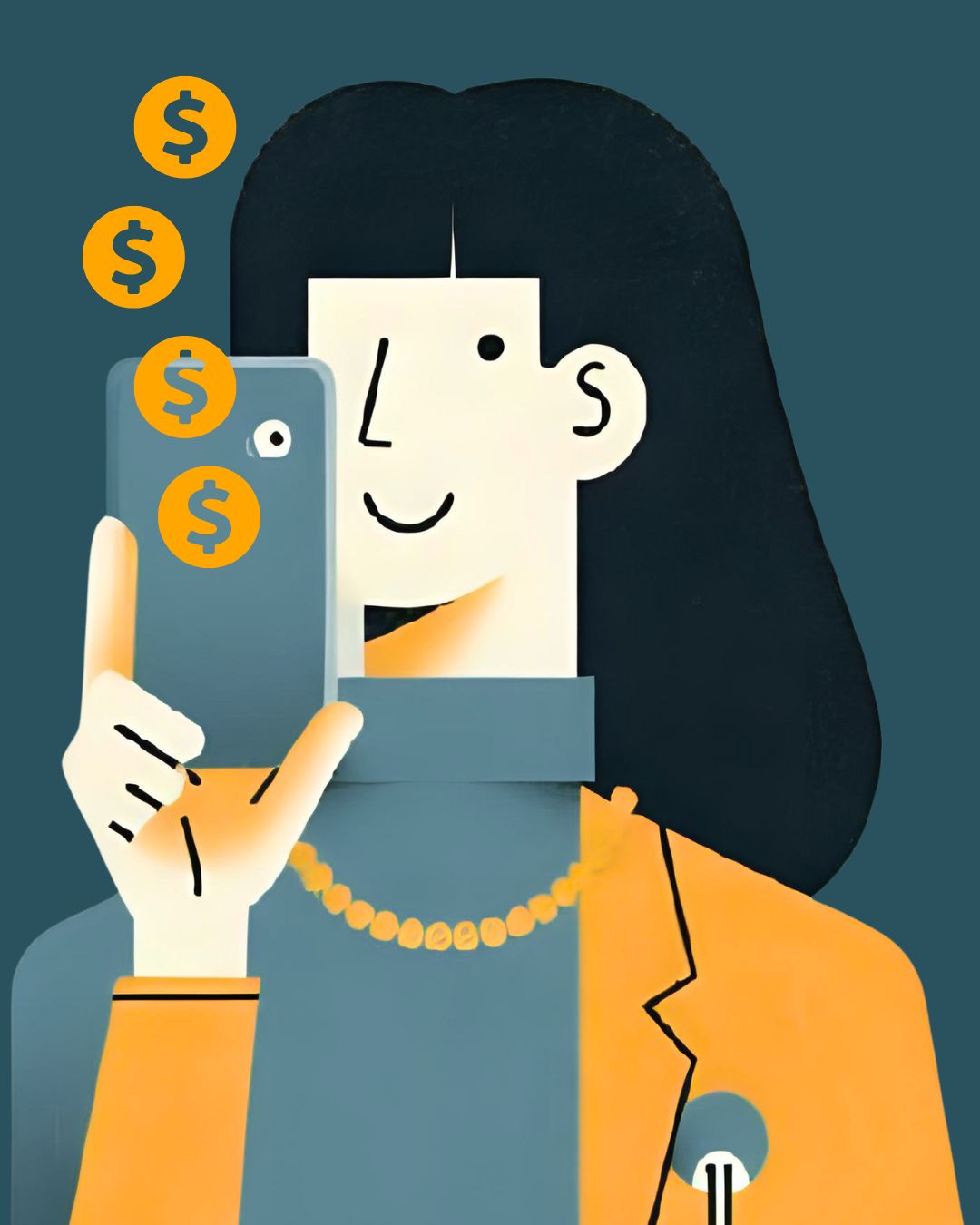 illustration of a woman holding a mobile with a dollar sign on it
