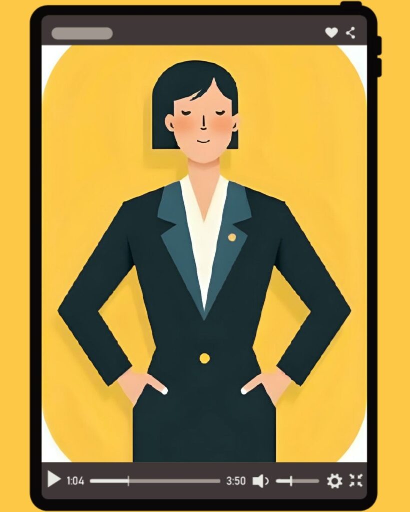 illustration of an asian woman hands on hips in a suit, displayed on a tablet 