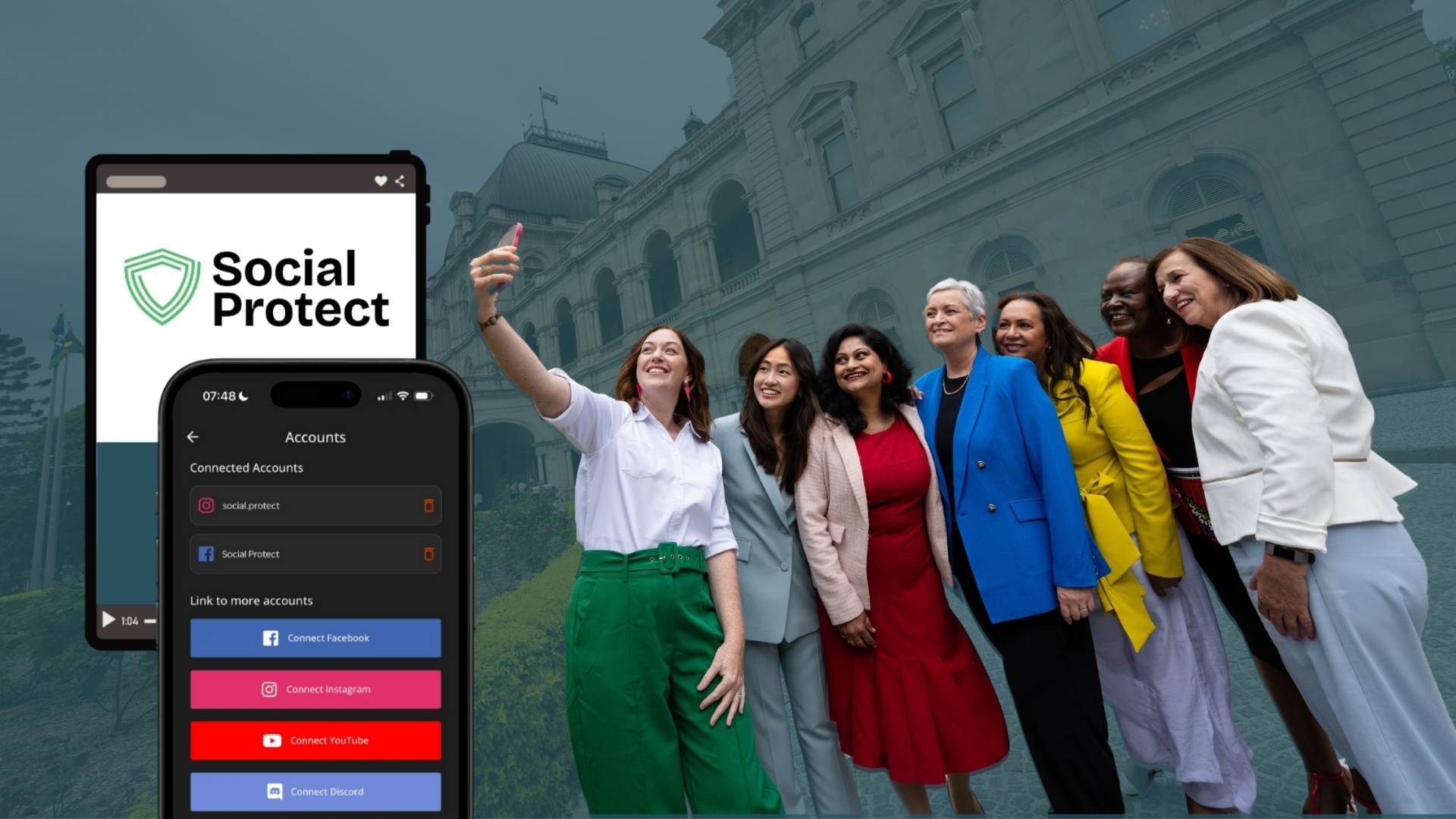 Group of diverse women posing for a selfie outside parliament. Overlaid is an image of a smartphone displaying a logo for "Social Protect" and links to social media