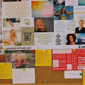 Photo of a pinboard with photos and notes