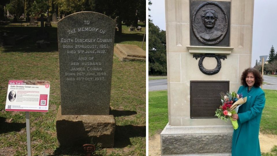Photos of Edith Cowan's gravestone and memorial