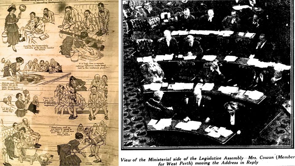 Illustrations mocking Edith Cowan in an old newspaper