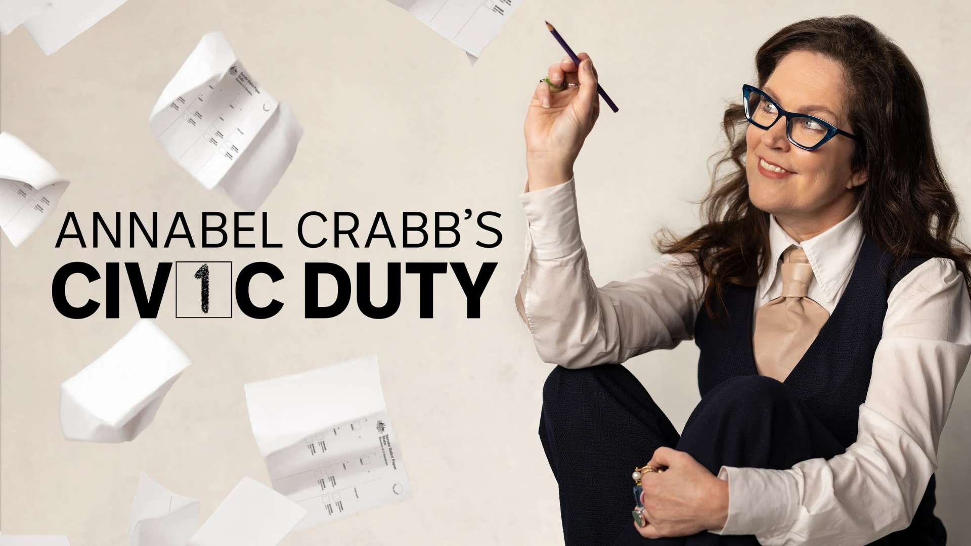 Annabale Crab dressed in a waistcoat and tie, holding a pen. Electoral ballot papers fall down around her. Text reads "Annabel Crabb's Civic Duty"