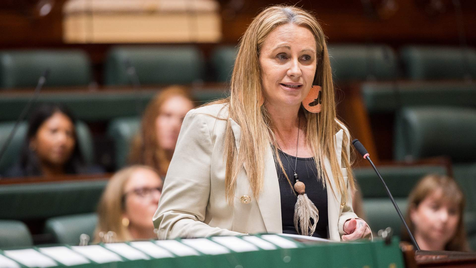 Photo of Sue-Anne Hunter giving a speech in the Victorian Parliament. She is wearing a long feathered necklace and large eagle earrings.