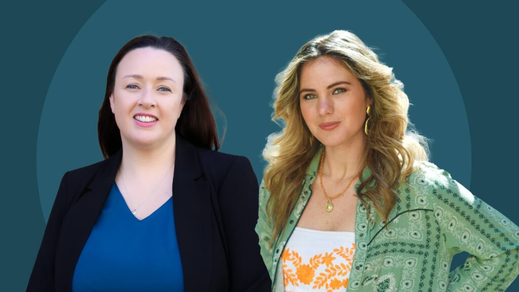 Photo of two smiling women, one brunette and one blonde, pasted against a blue/green background