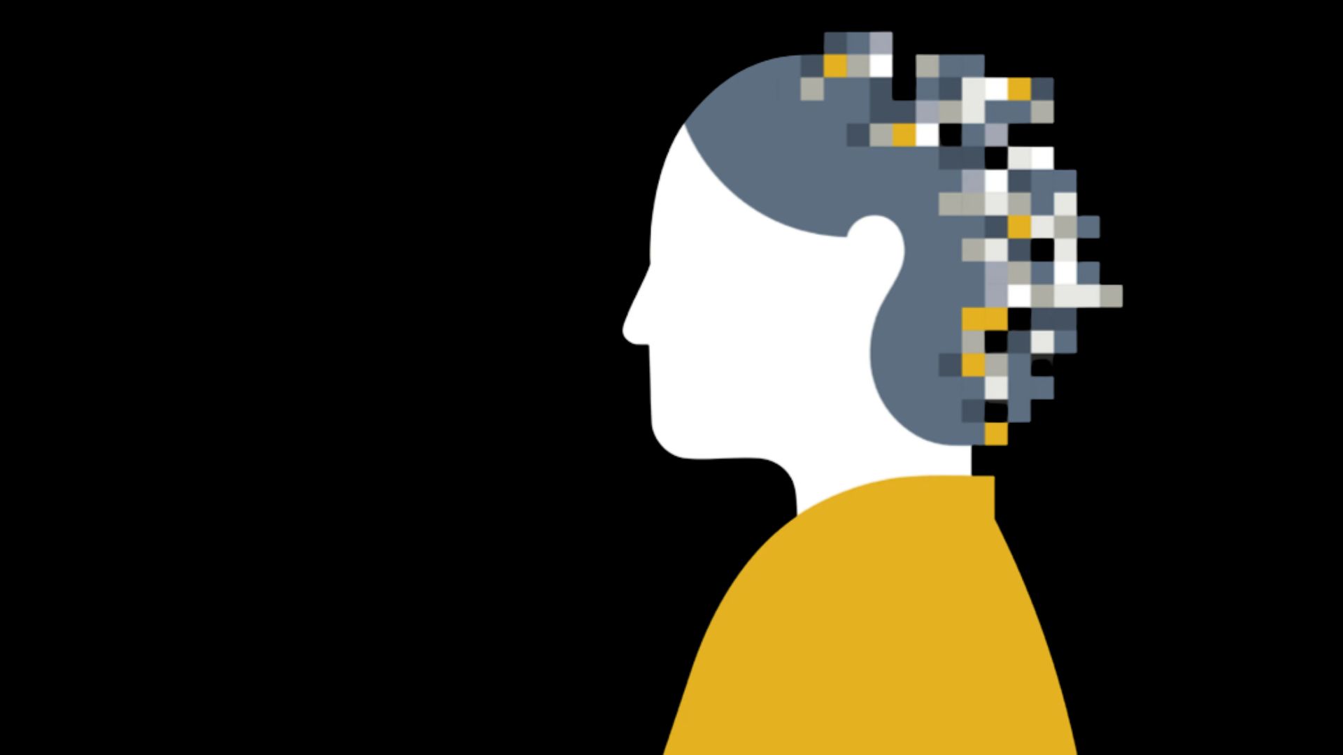 Simple illustration of a woman against black background. Her hair appears as a yellow and grey pixels