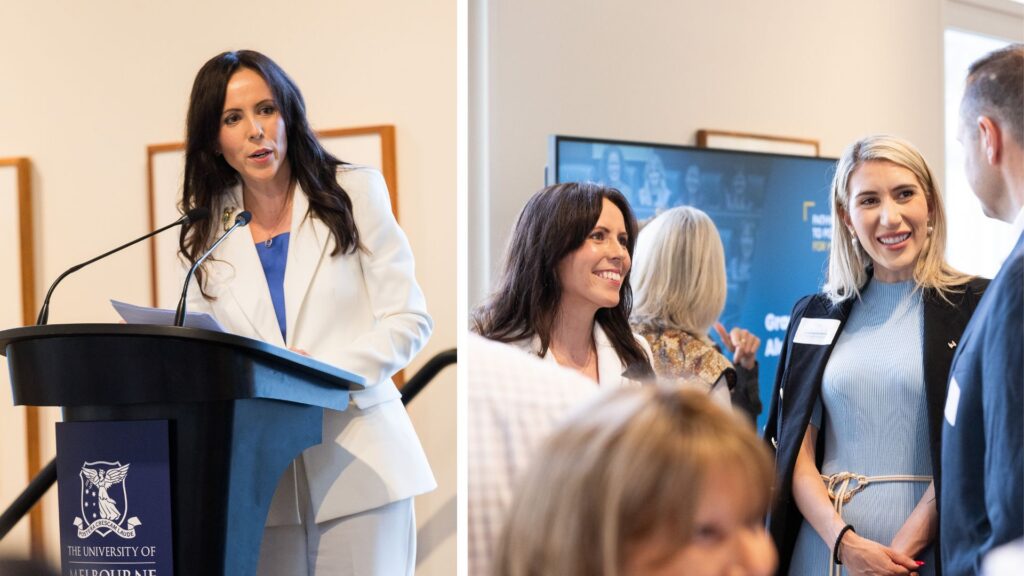 2 candid photos: alum Hayley Van loon giving speech at a podium with the university of Melbourne logo; Hayley laughing and talking to a woman with long blonde hair wearing a navy blazer across her shoulders