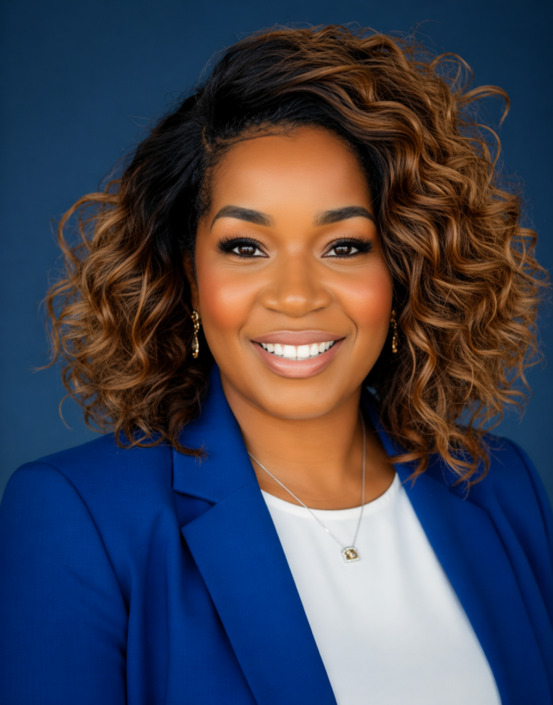 Photo of Dr Josephine Okurame, a smiling African Australian woman with curly hair, wearing a bright blue blazer