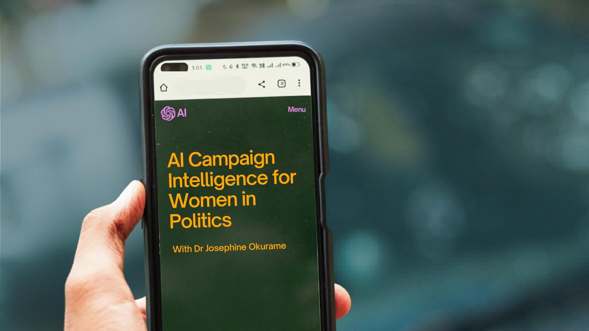 close up of a smartphone with a Chat GTP style prompt. Text reads "AI Campaign Intelligence for Women in Politics"