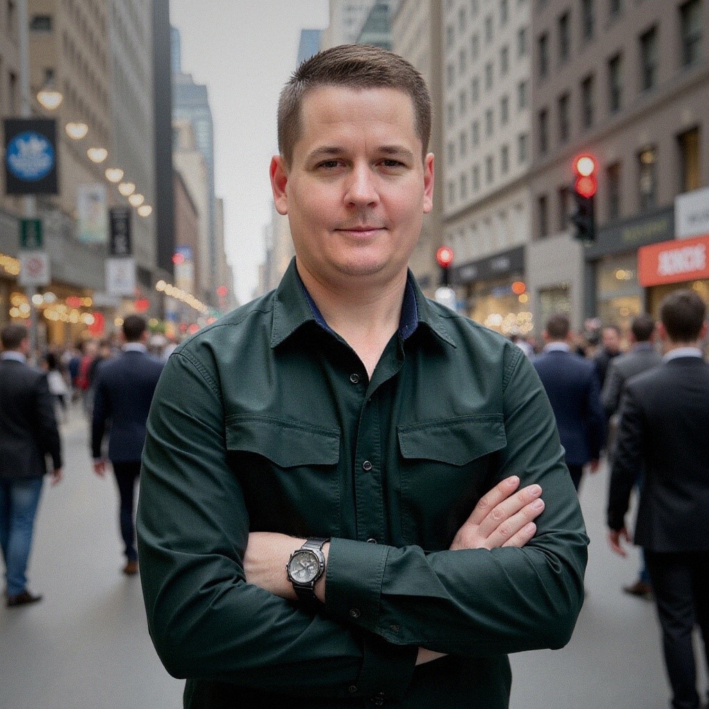 Photo of Shane Britten, standing arms folded in a city street