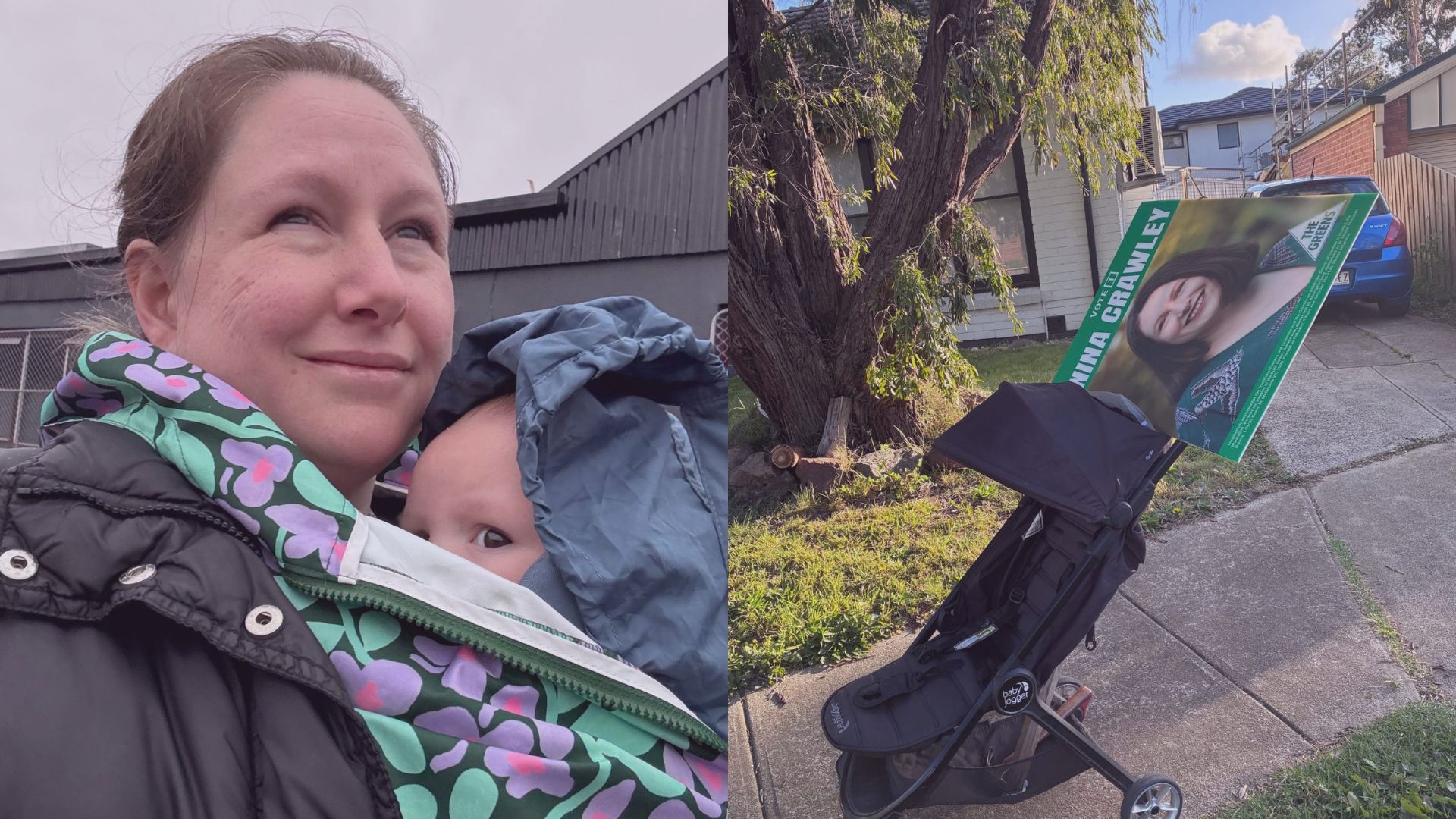 Woman holding baby in sling outdoors, campaign corflute on a pusher